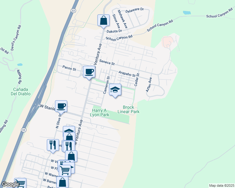 map of restaurants, bars, coffee shops, grocery stores, and more near 269 Franklin Lane in Ventura