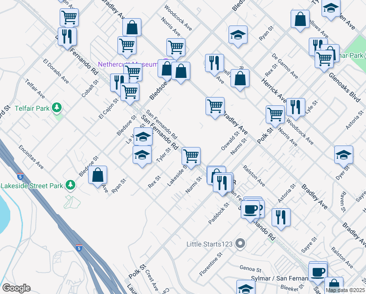 map of restaurants, bars, coffee shops, grocery stores, and more near 12770 San Fernando Road in Los Angeles
