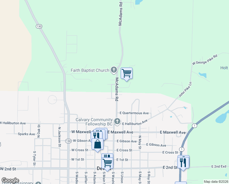 map of restaurants, bars, coffee shops, grocery stores, and more near 701 McAdams Road in DeWitt