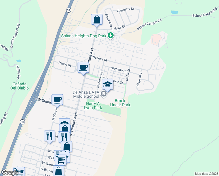 map of restaurants, bars, coffee shops, grocery stores, and more near 269 Franklin Lane in Ventura