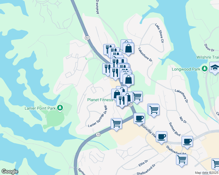 map of restaurants, bars, coffee shops, grocery stores, and more near 1181 Dawsonville Highway in Gainesville