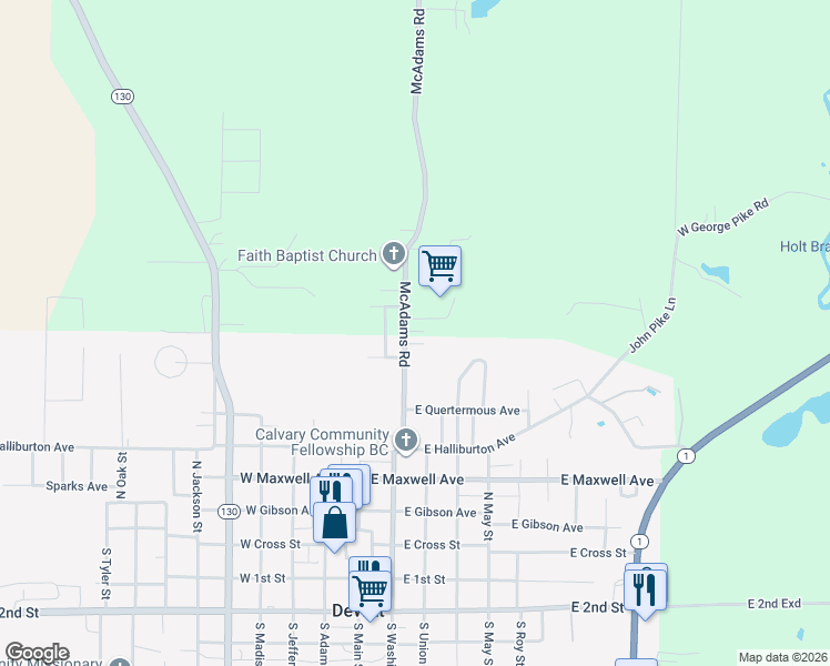 map of restaurants, bars, coffee shops, grocery stores, and more near 701 McAdams Road in DeWitt