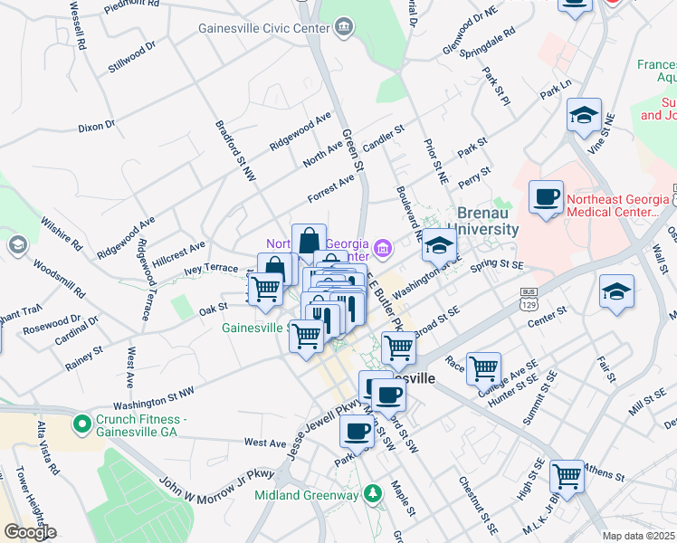 map of restaurants, bars, coffee shops, grocery stores, and more near 123 Academy Street Northwest in Gainesville
