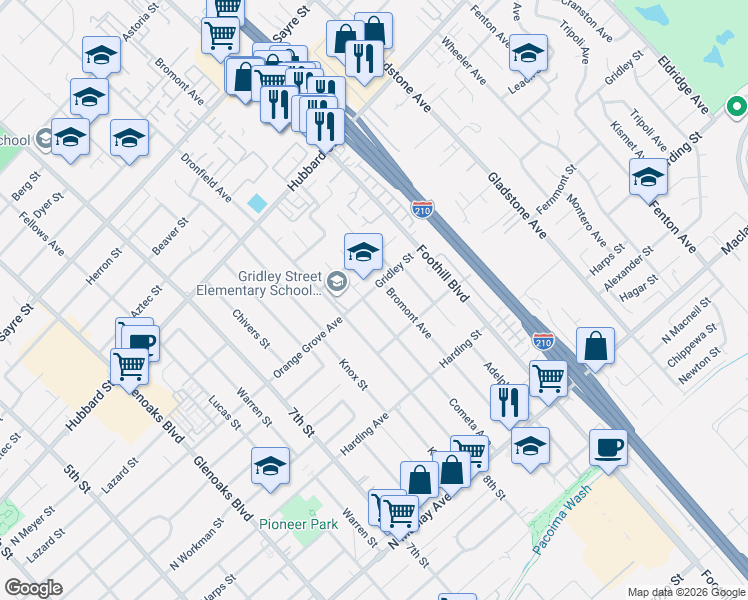 map of restaurants, bars, coffee shops, grocery stores, and more near 12740 Cometa Avenue in San Fernando