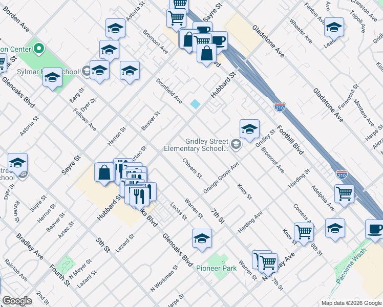 map of restaurants, bars, coffee shops, grocery stores, and more near 2019 Chivers Street in San Fernando