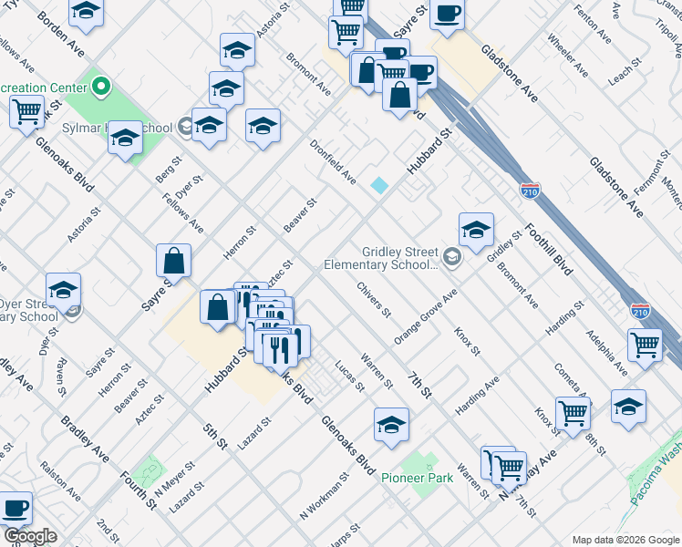 map of restaurants, bars, coffee shops, grocery stores, and more near 2045 7th Street in San Fernando