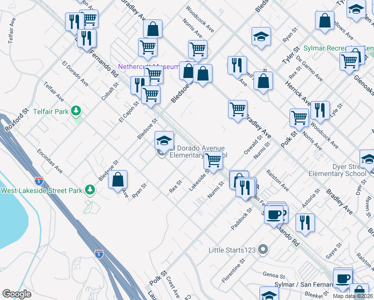 map of restaurants, bars, coffee shops, grocery stores, and more near 15171 Tyler Street in Los Angeles