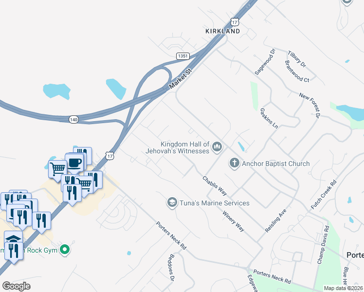 map of restaurants, bars, coffee shops, grocery stores, and more near 429 Chablis Way in Wilmington