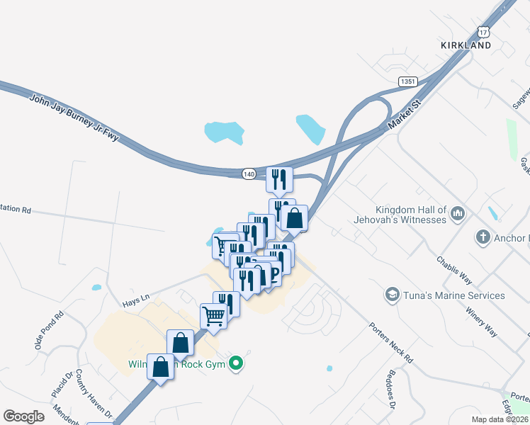 map of restaurants, bars, coffee shops, grocery stores, and more near 191 Porters Neck Road in Wilmington