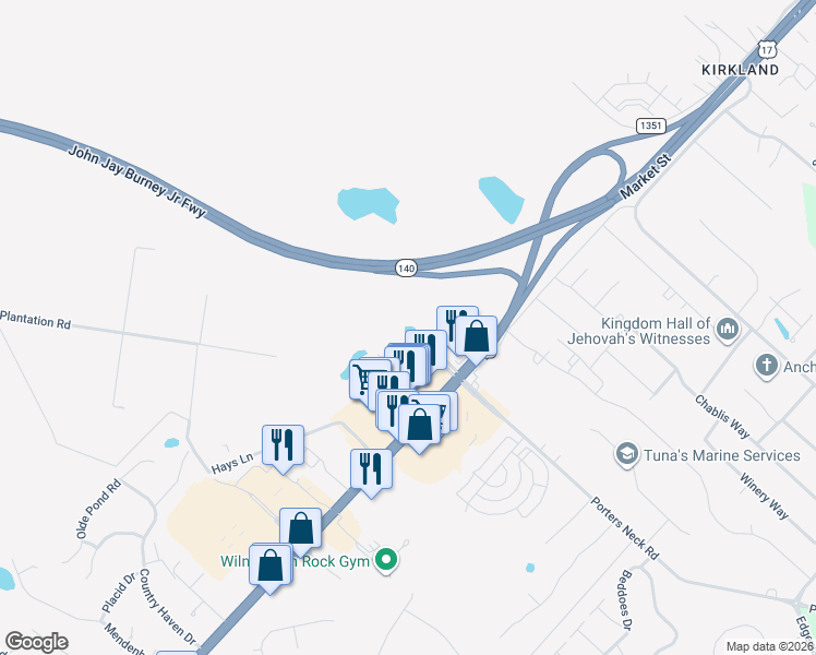 map of restaurants, bars, coffee shops, grocery stores, and more near 178 Porters Neck Road in Wilmington