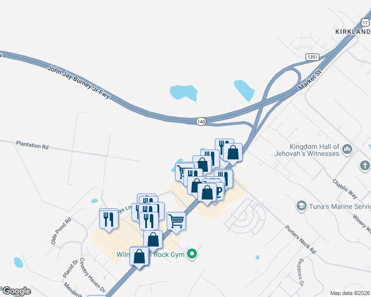 map of restaurants, bars, coffee shops, grocery stores, and more near 183 Porters Neck Road in Wilmington