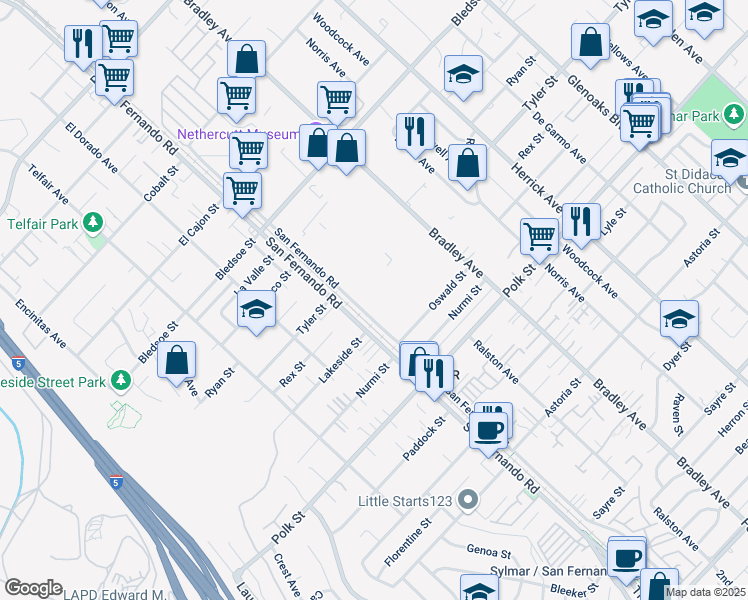 map of restaurants, bars, coffee shops, grocery stores, and more near 12744 San Fernando Road in Los Angeles