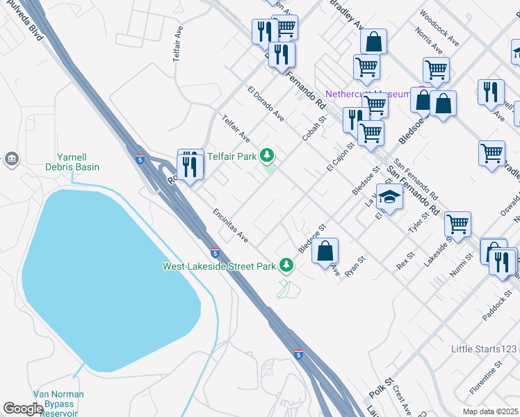 map of restaurants, bars, coffee shops, grocery stores, and more near 15733 Drell Street in Los Angeles