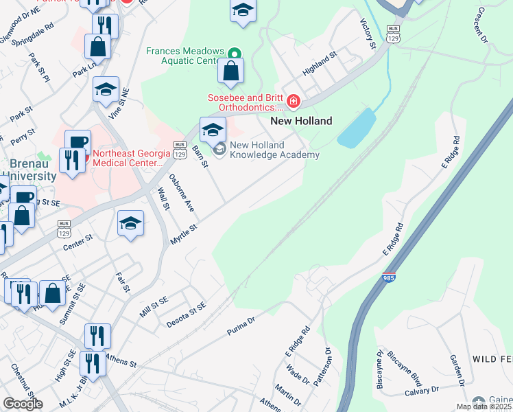 map of restaurants, bars, coffee shops, grocery stores, and more near 45 Branch Street in Gainesville