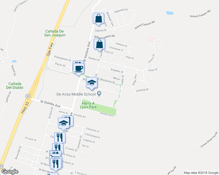 map of restaurants, bars, coffee shops, grocery stores, and more near 302 Barry Drive in Ventura