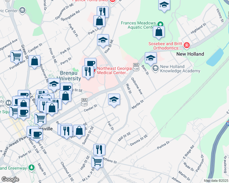 map of restaurants, bars, coffee shops, grocery stores, and more near 1120 Jesse Jewell Parkway Southeast in Gainesville
