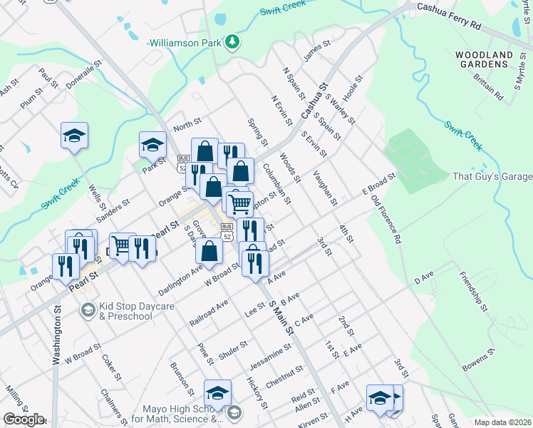 map of restaurants, bars, coffee shops, grocery stores, and more near 347 Russell Street in Darlington