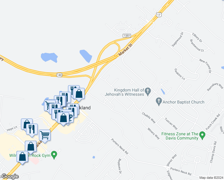 map of restaurants, bars, coffee shops, grocery stores, and more near 308 Chablis Way in Wilmington