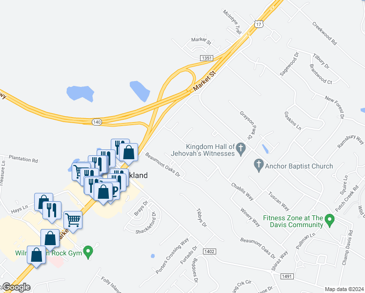 map of restaurants, bars, coffee shops, grocery stores, and more near 308 Chablis Way in Wilmington