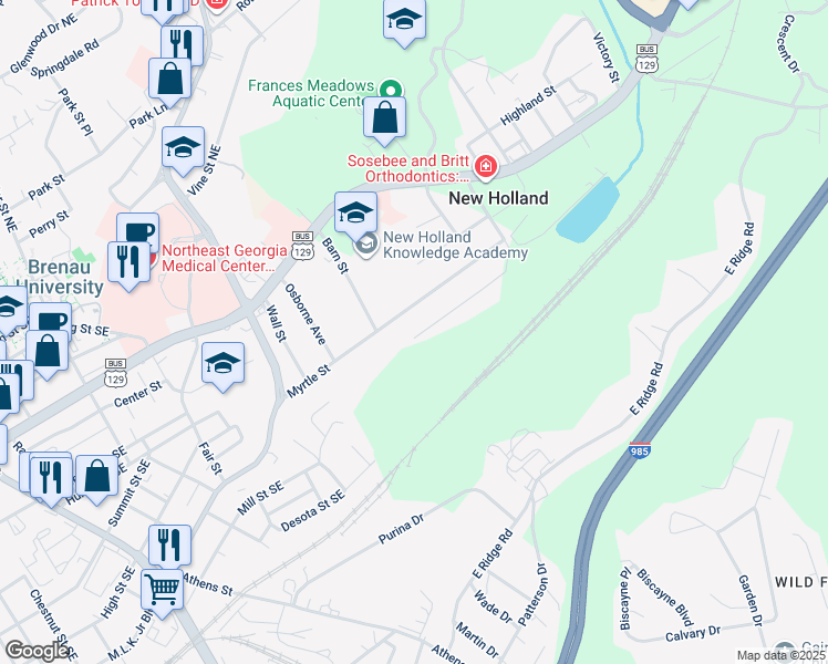 map of restaurants, bars, coffee shops, grocery stores, and more near 47 Branch Street in Gainesville