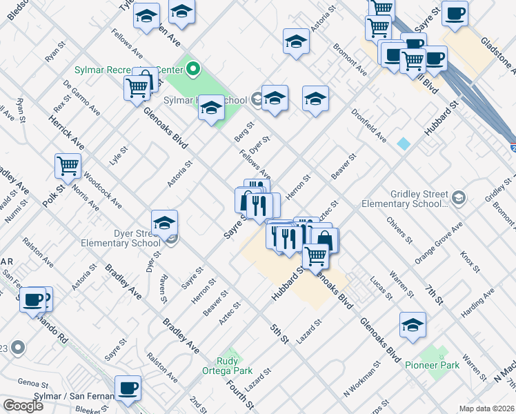map of restaurants, bars, coffee shops, grocery stores, and more near 12756 Glenoaks Boulevard in Los Angeles