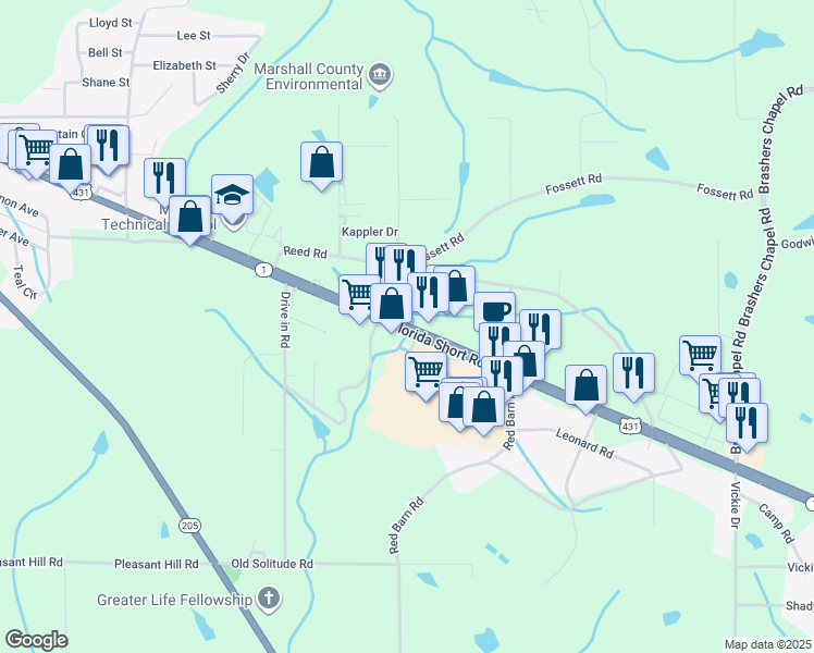 map of restaurants, bars, coffee shops, grocery stores, and more near 11468 U.S. 431 in Guntersville