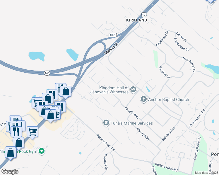 map of restaurants, bars, coffee shops, grocery stores, and more near 442 Chablis Way in Wilmington