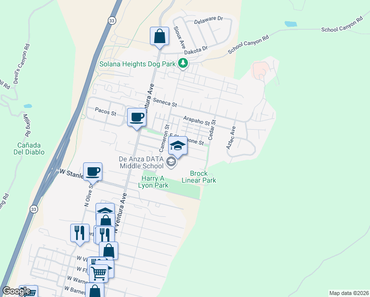 map of restaurants, bars, coffee shops, grocery stores, and more near 265 Franklin Lane in Ventura