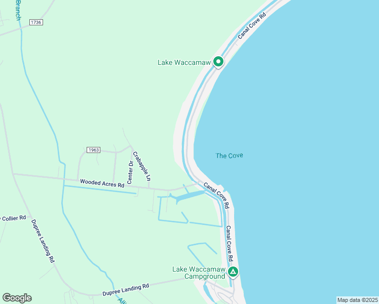 map of restaurants, bars, coffee shops, grocery stores, and more near 2300 Canal Cove Road in Lake Waccamaw
