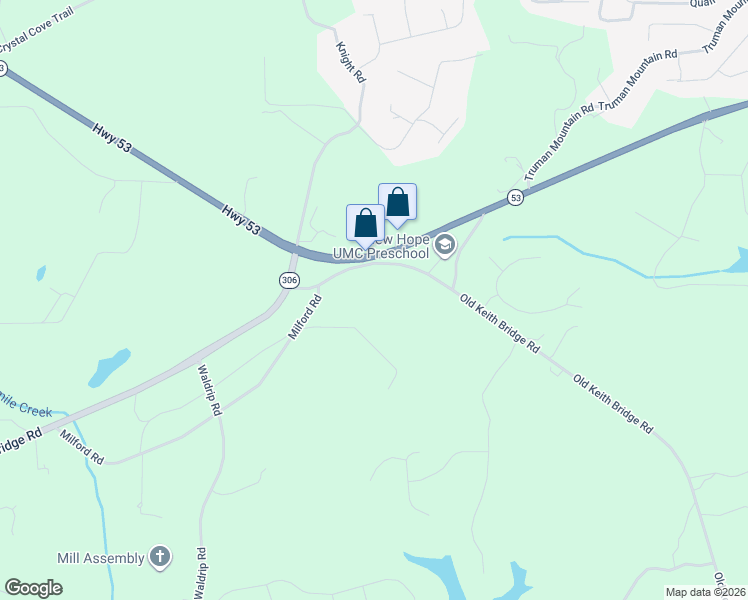 map of restaurants, bars, coffee shops, grocery stores, and more near 7770 Keith Bridge Road in Gainesville