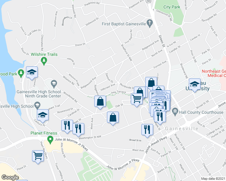 map of restaurants, bars, coffee shops, grocery stores, and more near 620 Ivey Terrace in Gainesville