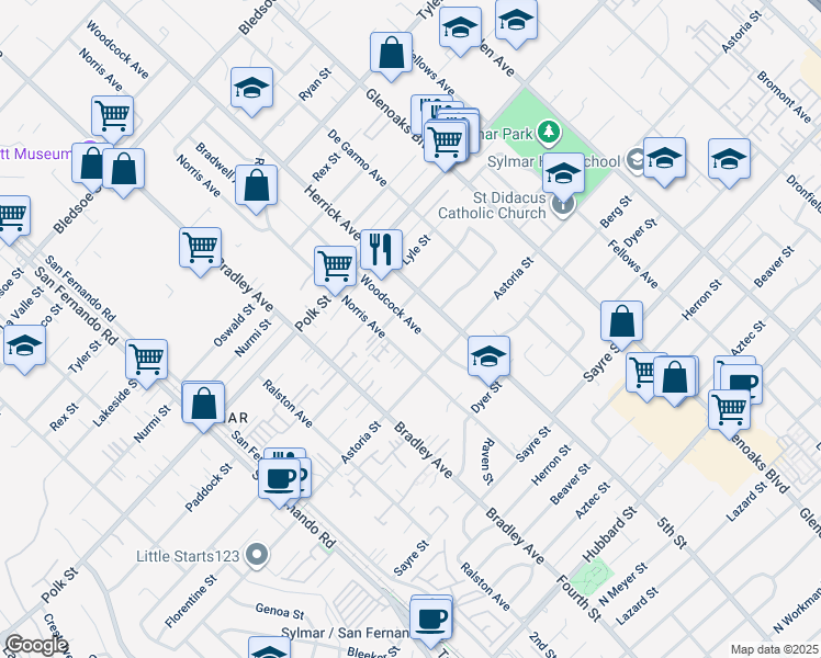 map of restaurants, bars, coffee shops, grocery stores, and more near 12783 Woodcock Avenue in Los Angeles