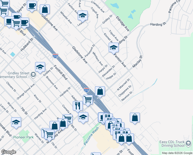 map of restaurants, bars, coffee shops, grocery stores, and more near 12801 Gladstone Avenue in Los Angeles