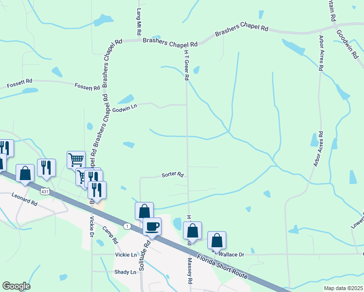 map of restaurants, bars, coffee shops, grocery stores, and more near 519 H T Greer Road in Albertville