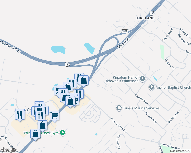 map of restaurants, bars, coffee shops, grocery stores, and more near 8380 Market Street in Wilmington