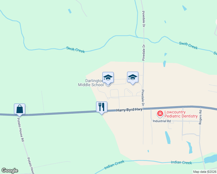 map of restaurants, bars, coffee shops, grocery stores, and more near 150 Pinedale Drive in Darlington