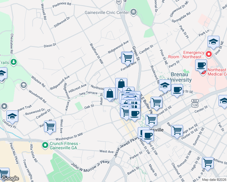 map of restaurants, bars, coffee shops, grocery stores, and more near 344 Northside Drive in Gainesville