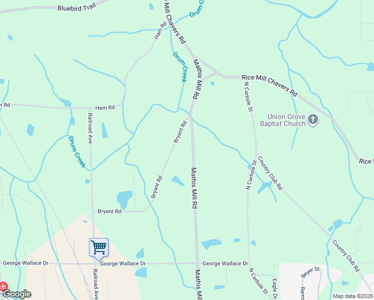 map of restaurants, bars, coffee shops, grocery stores, and more near 580 Bryant Road in Albertville