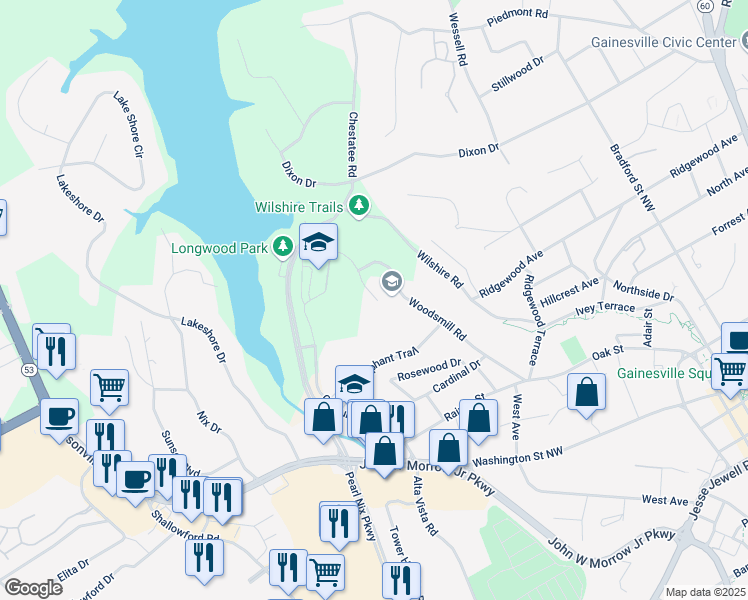 map of restaurants, bars, coffee shops, grocery stores, and more near 715 Woodsmill Road in Gainesville