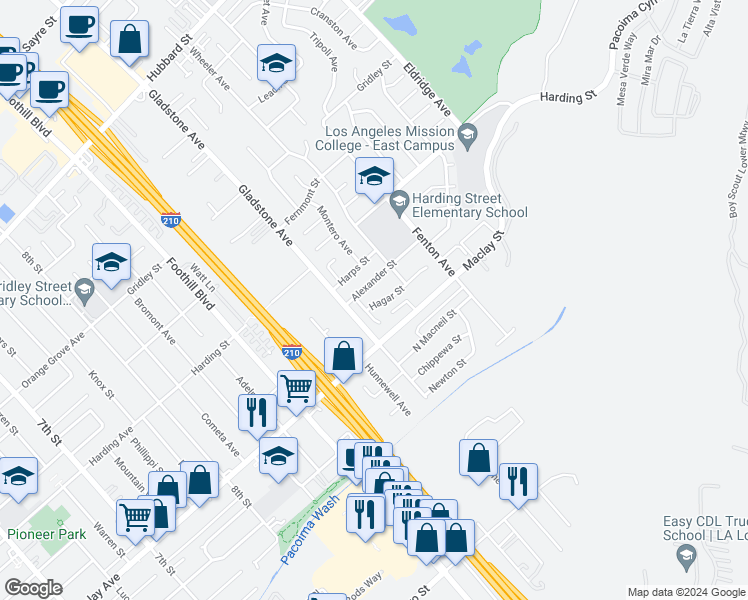 map of restaurants, bars, coffee shops, grocery stores, and more near 13045 Hagar Street in Los Angeles