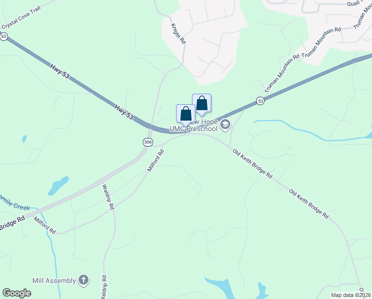 map of restaurants, bars, coffee shops, grocery stores, and more near 7770 Keith Bridge Road in Gainesville