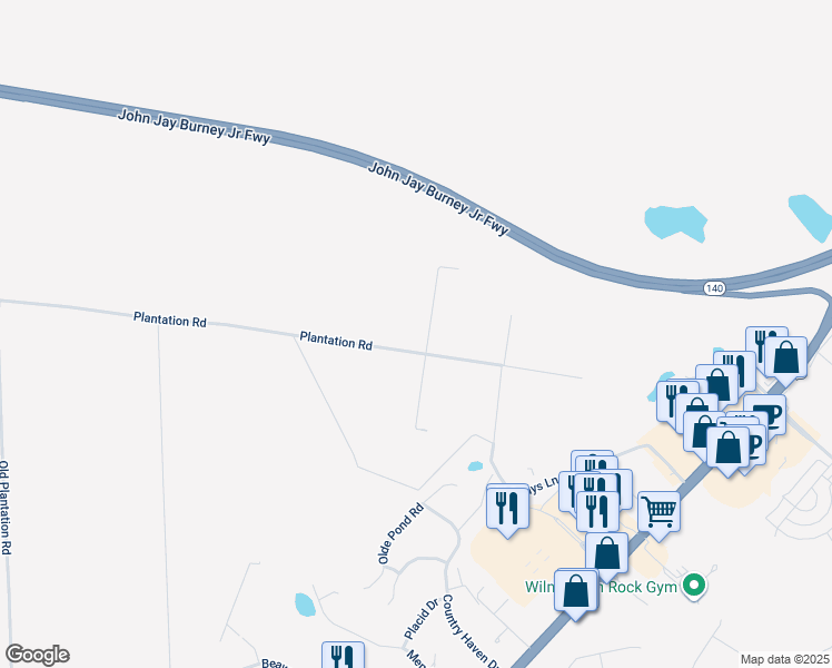 map of restaurants, bars, coffee shops, grocery stores, and more near 7711 Plantation Road in Wilmington
