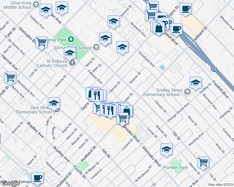 map of restaurants, bars, coffee shops, grocery stores, and more near 14051 Beaver Street in Los Angeles