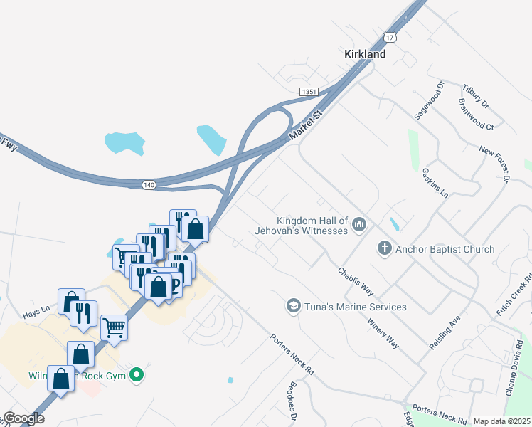 map of restaurants, bars, coffee shops, grocery stores, and more near 220 Chablis Way in Wilmington