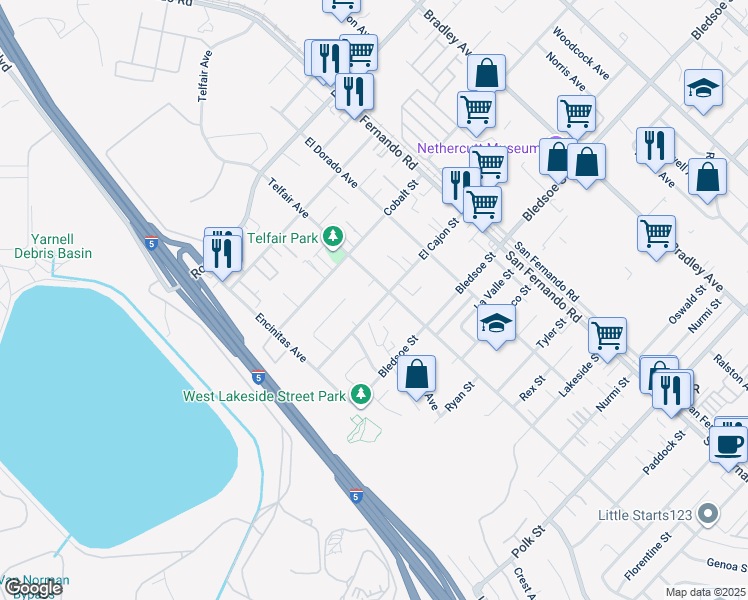 map of restaurants, bars, coffee shops, grocery stores, and more near 15623 El Cajon Street in Los Angeles