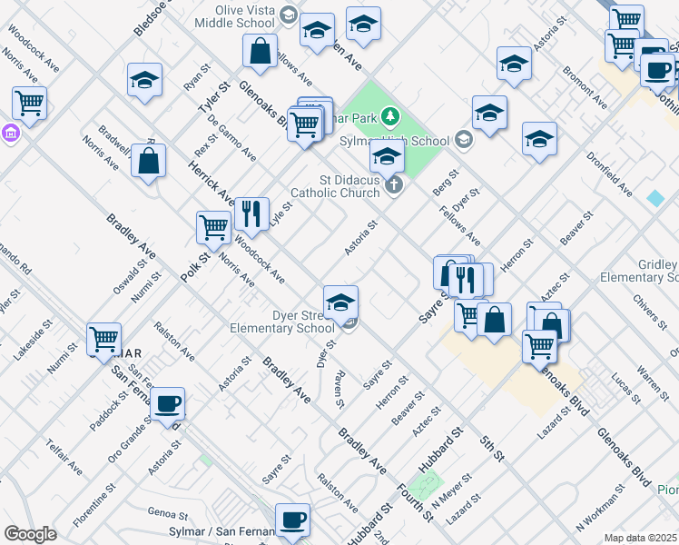 map of restaurants, bars, coffee shops, grocery stores, and more near 12774 De Garmo Avenue in Los Angeles