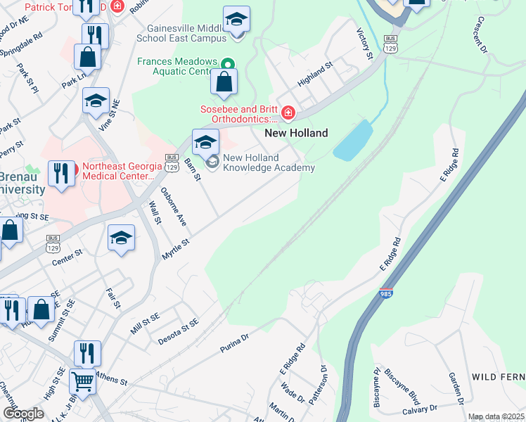 map of restaurants, bars, coffee shops, grocery stores, and more near 34 Branch Street in Gainesville