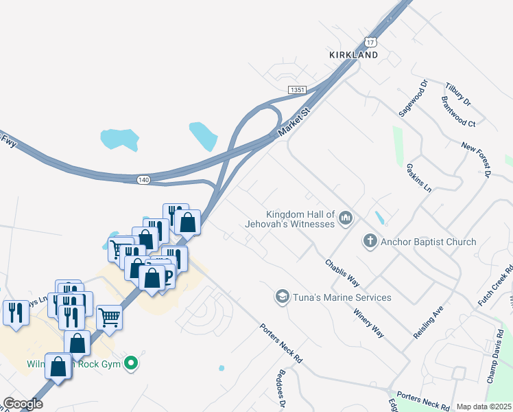 map of restaurants, bars, coffee shops, grocery stores, and more near 220 Chablis Way in Wilmington