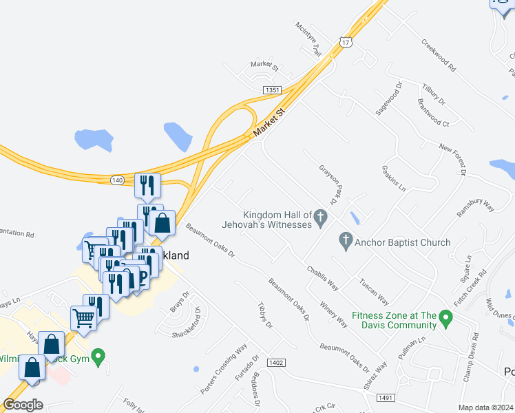 map of restaurants, bars, coffee shops, grocery stores, and more near 319 Chablis Way in Wilmington