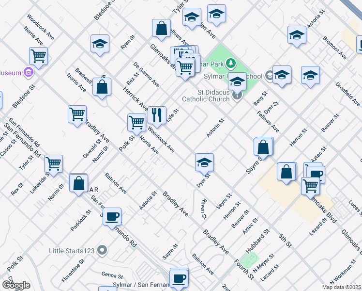 map of restaurants, bars, coffee shops, grocery stores, and more near 12827 Herrick Avenue in Los Angeles